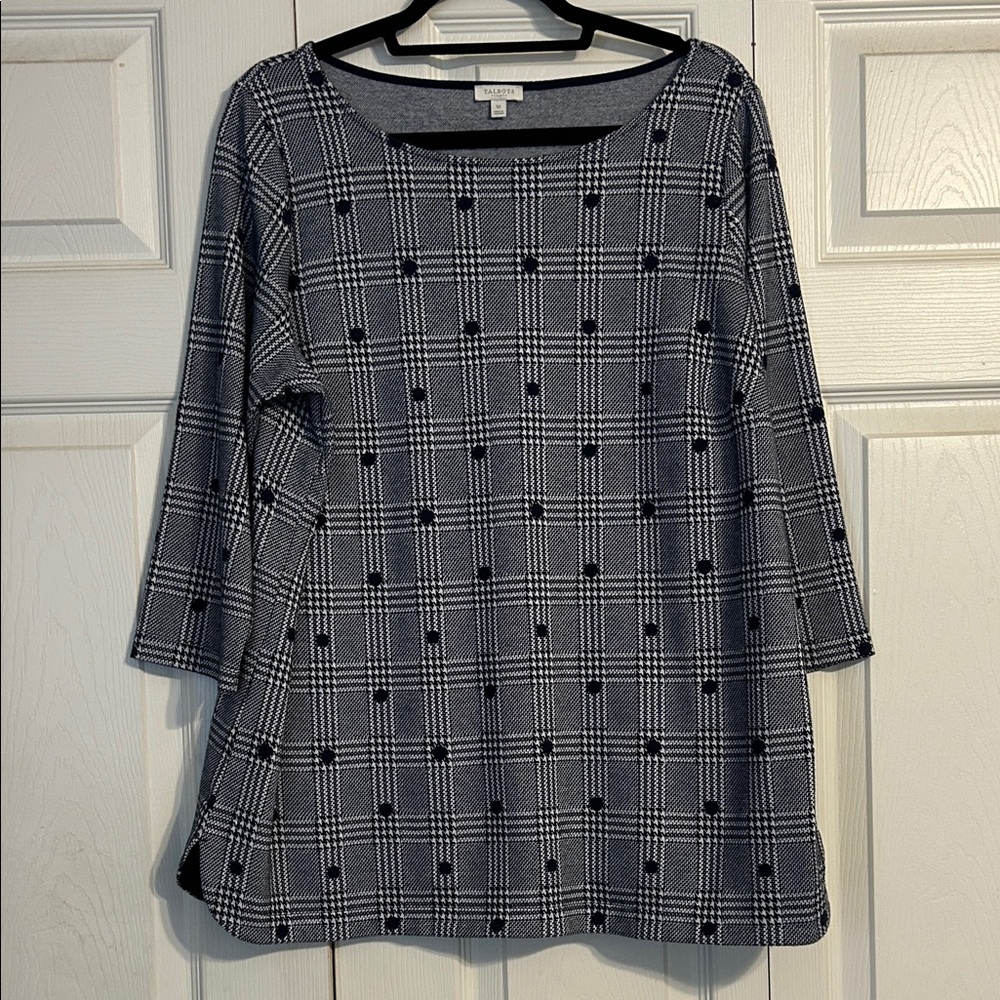 TALBOTS 1X Navy Blue White Houndstooth Plaid Dot Pullover Sweater Top Cotton